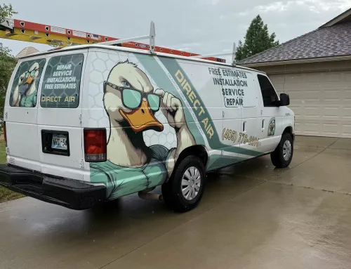 Cool duck-themed van with sunglasses parked in residential driveway
