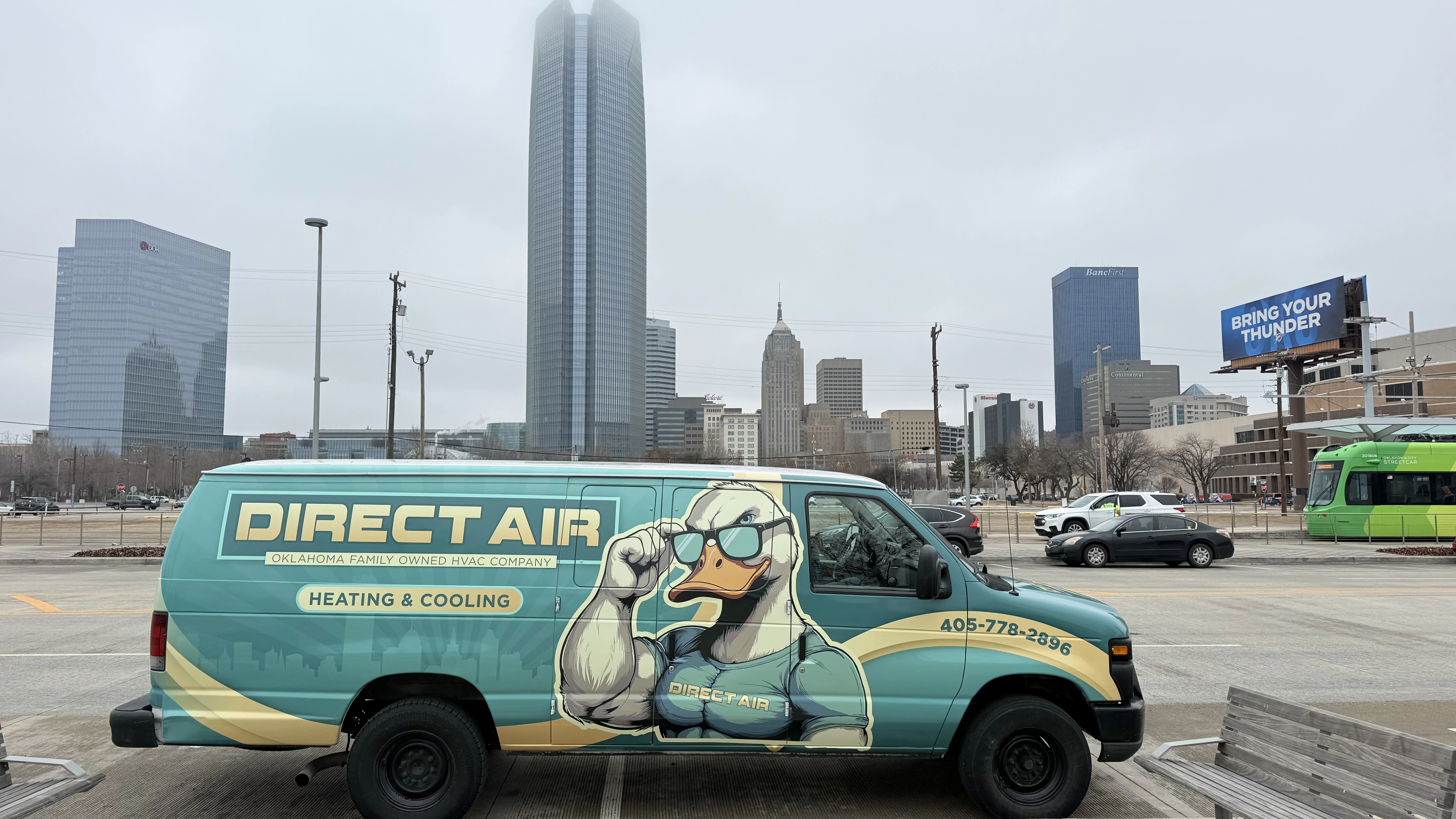 Direct Air HVAC van with cartoon duck mascot in downtown Oklahoma City