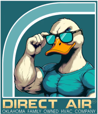 Cool duck mascot wearing sunglasses flexing muscle for HVAC company