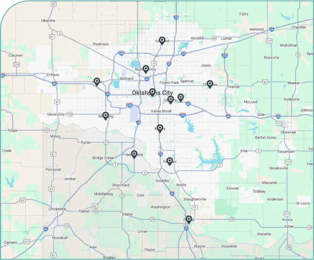 Map of Oklahoma City metropolitan area with highway and location markers