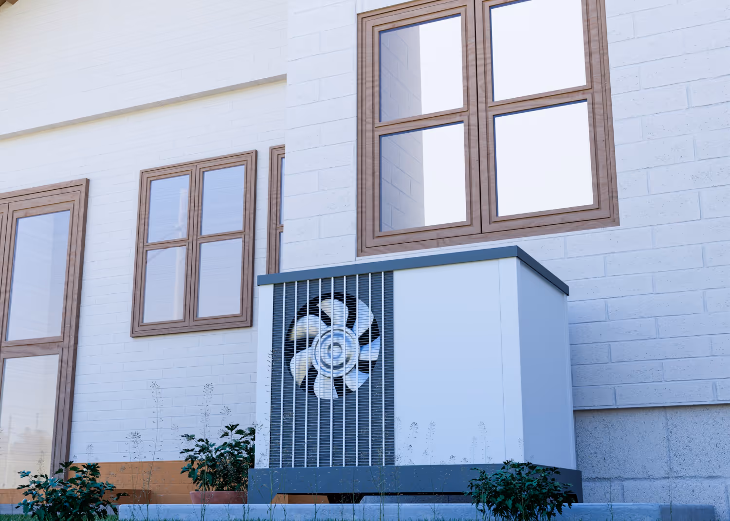 White building with heat pump unit and wooden-framed windows
