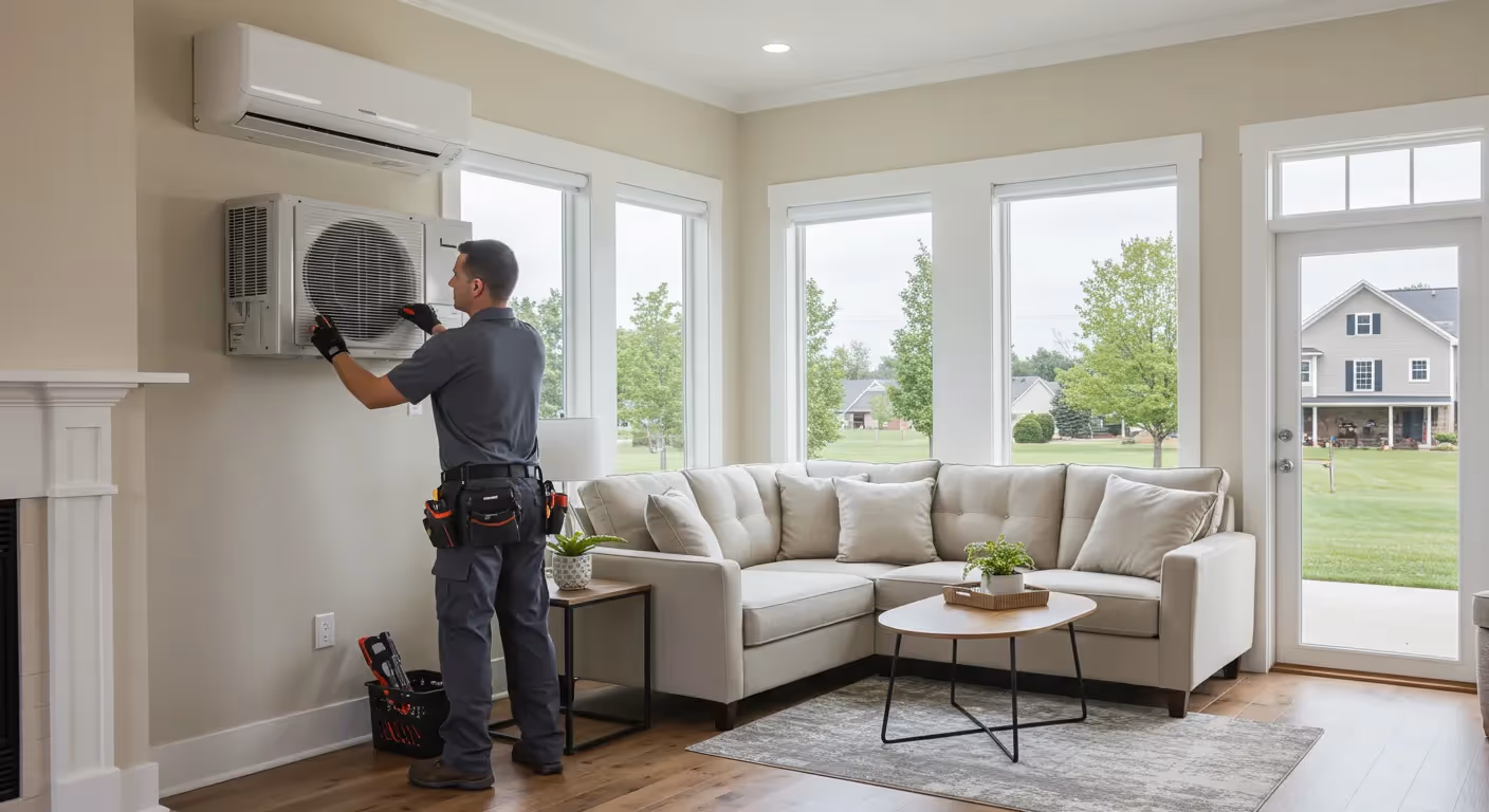 Technician installing ductless mini-split air conditioner in bright living room