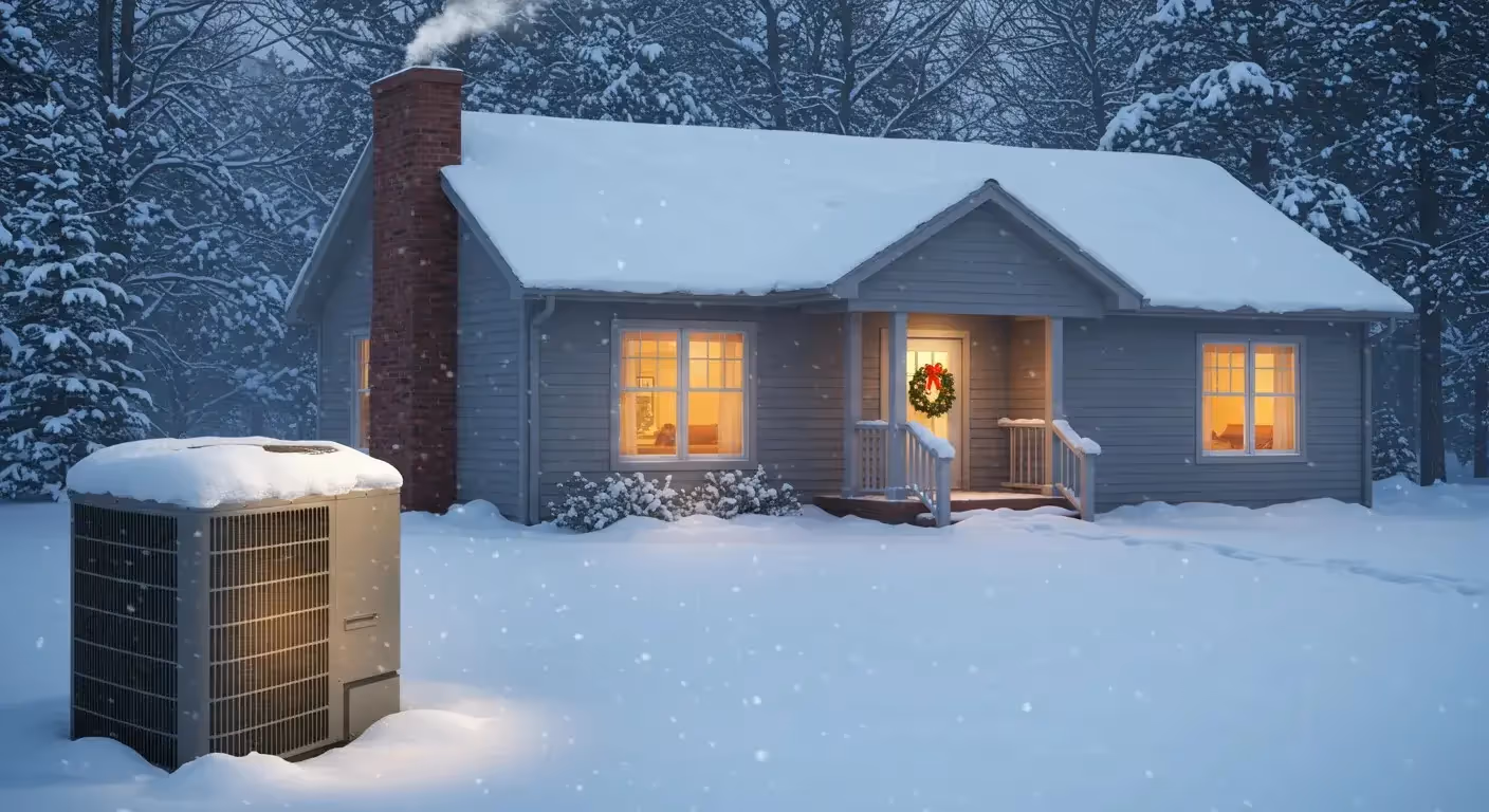 Cozy snow-covered house with warm windows and Christmas wreath at night