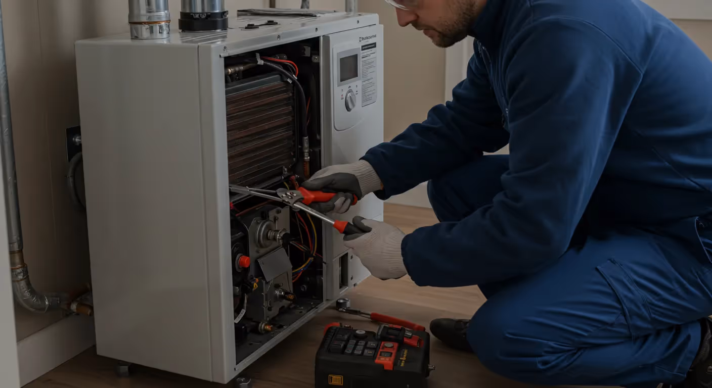 Technician repairing a white boiler with tools and diagnostic equipment