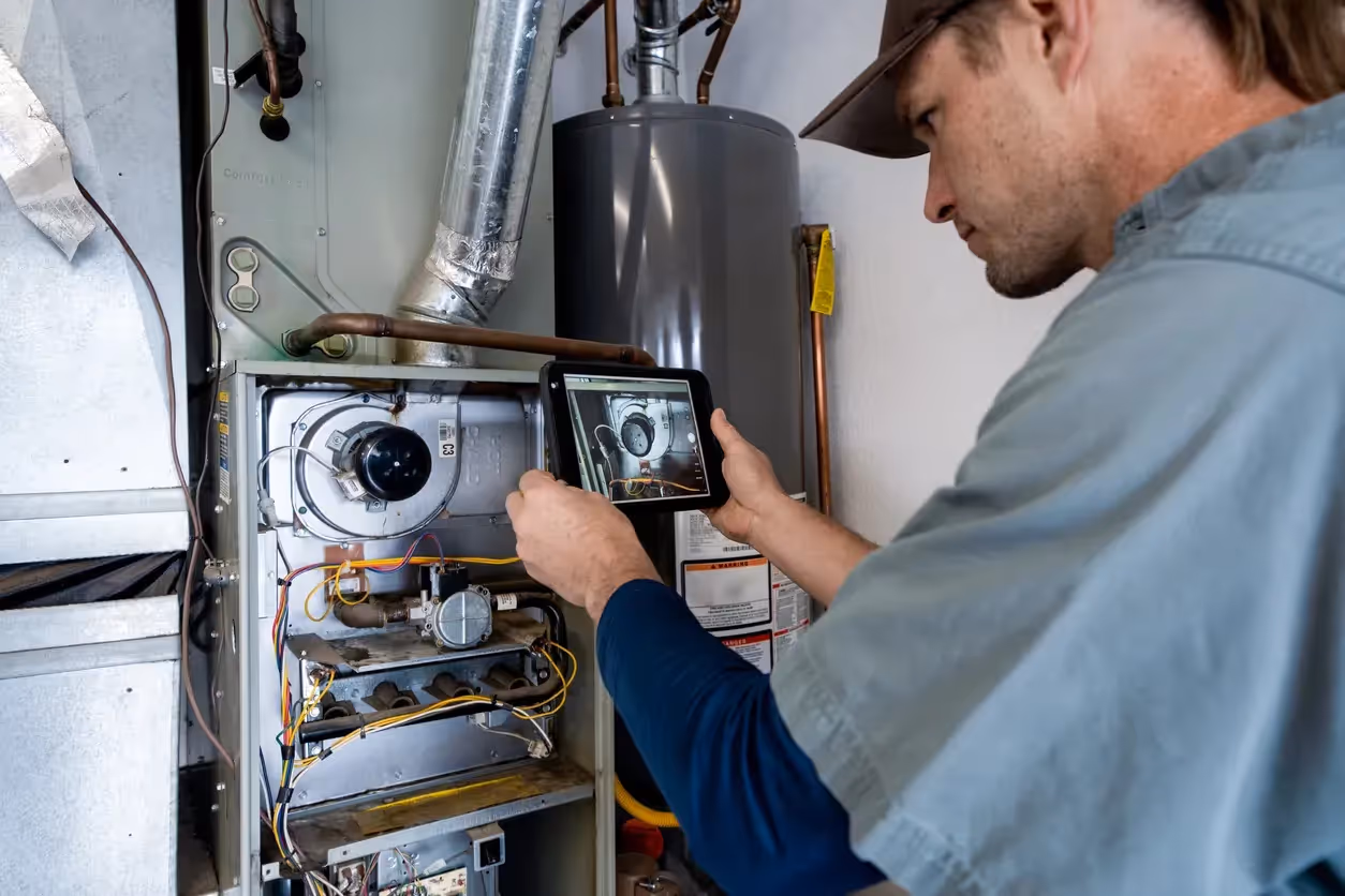 Technician using tablet to inspect and diagnose home heating system