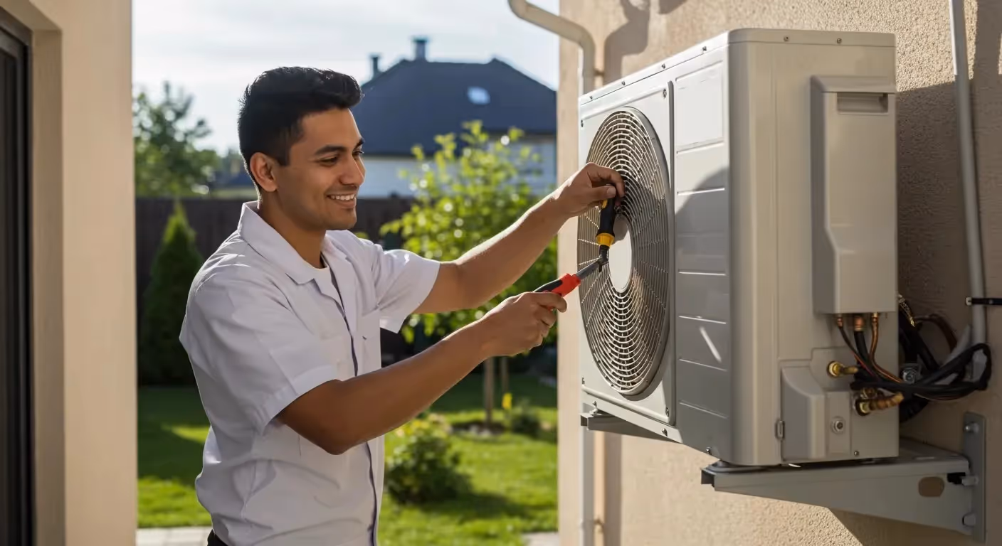 Technician in white shirt repairing outdoor air conditioning unit