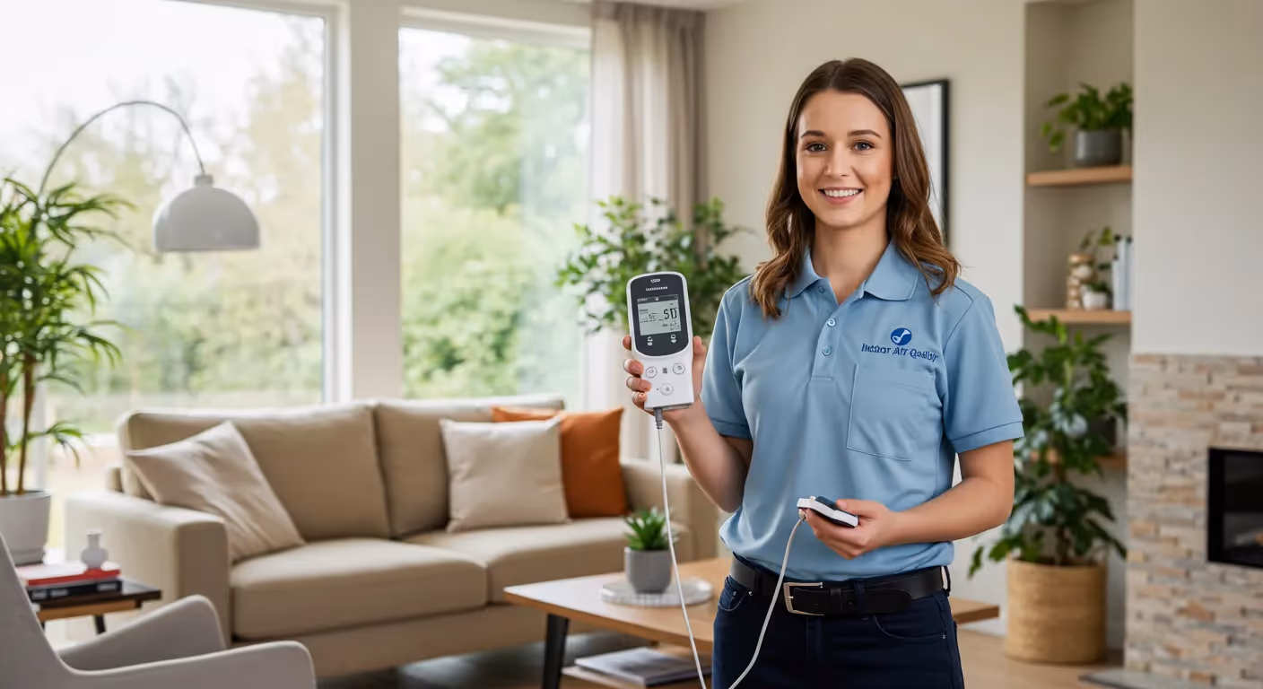 Technician in blue shirt holding air quality monitoring device in living room