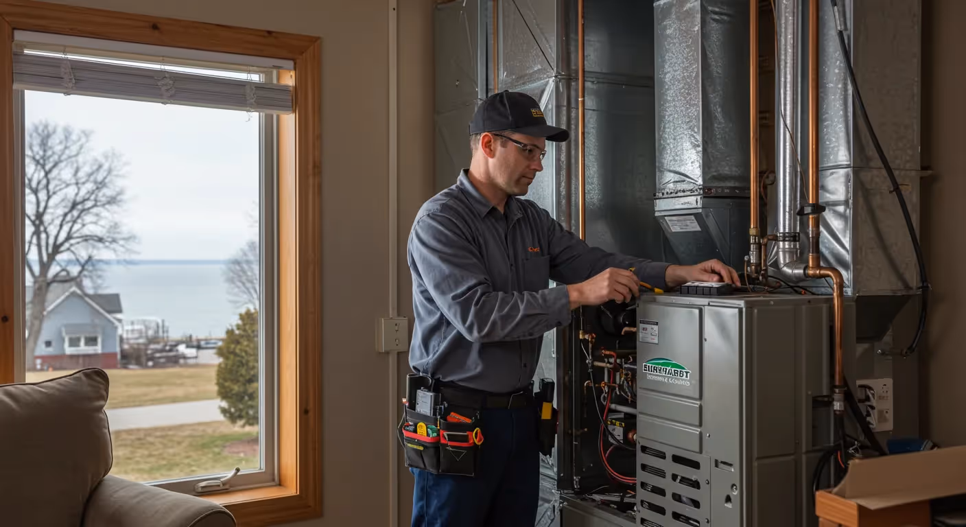 Technician inspecting furnace near window with neighborhood view