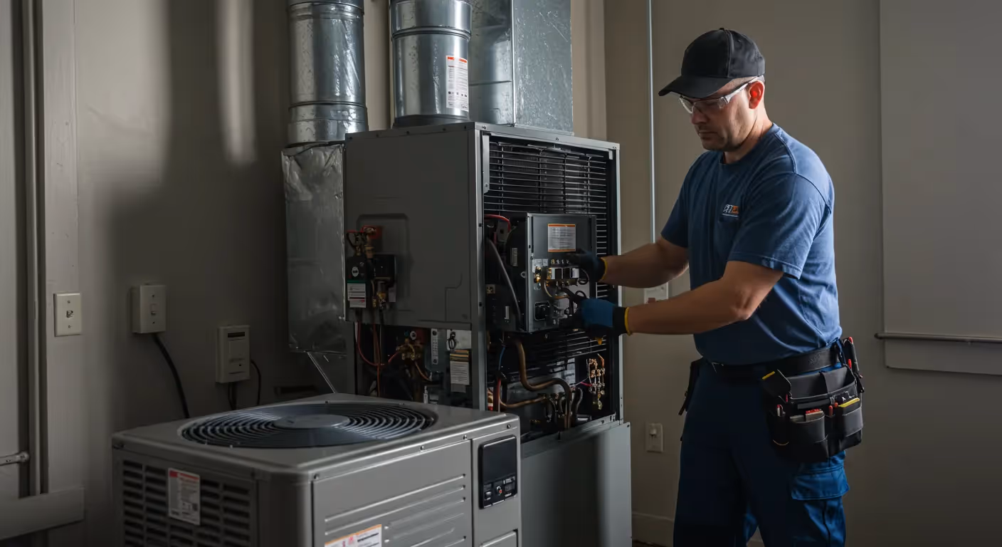 Technician repairing HVAC system in mechanical room with tools