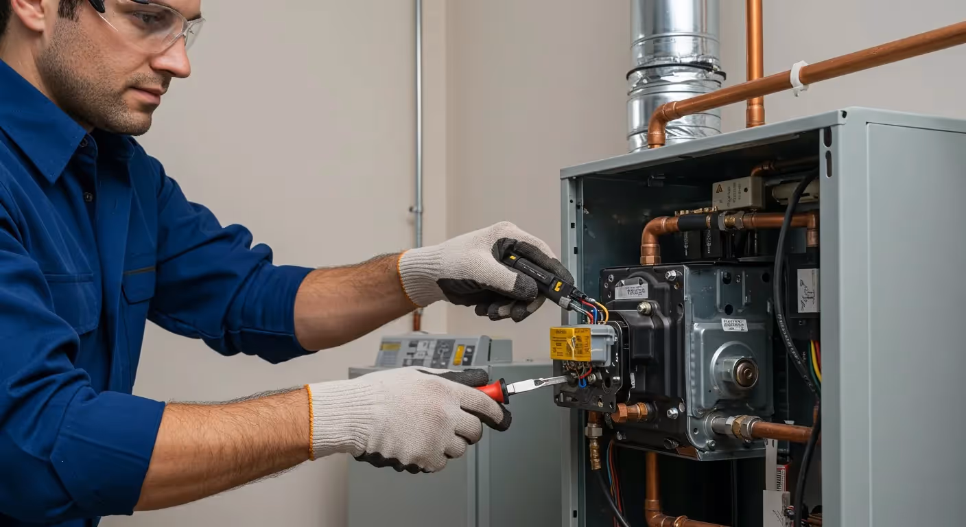 Technician in blue jacket repairing heating system with copper pipes