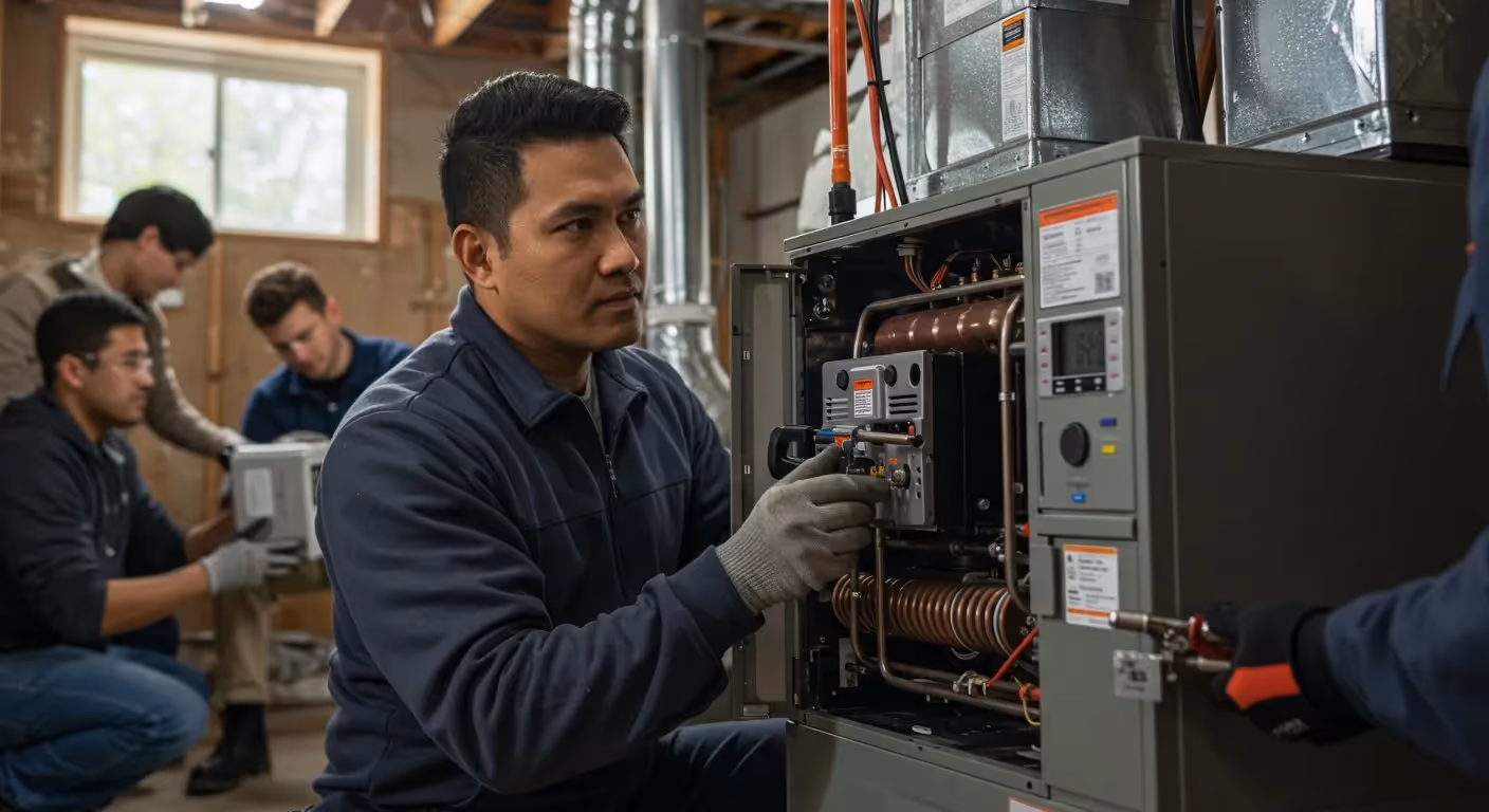 Technician in dark uniform repairing industrial heating equipment