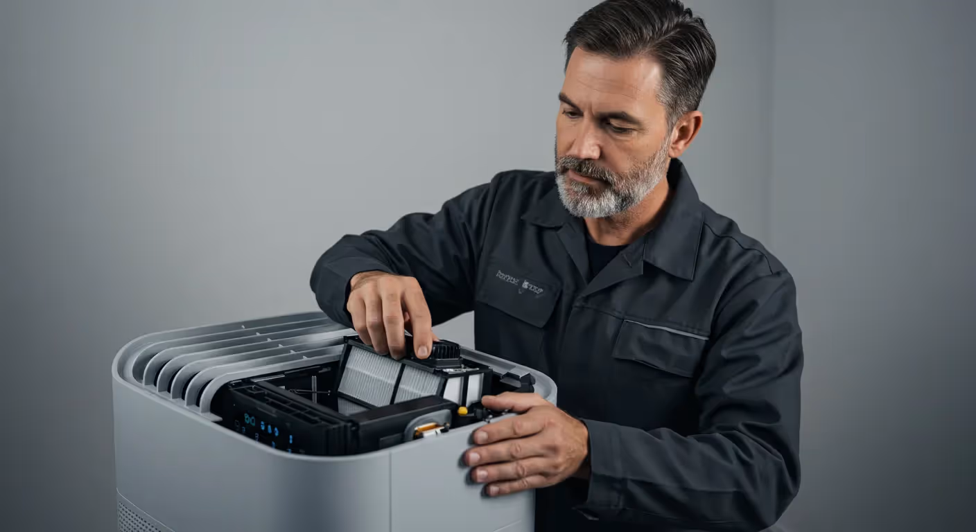 Technician replacing filter in a modern air purification device