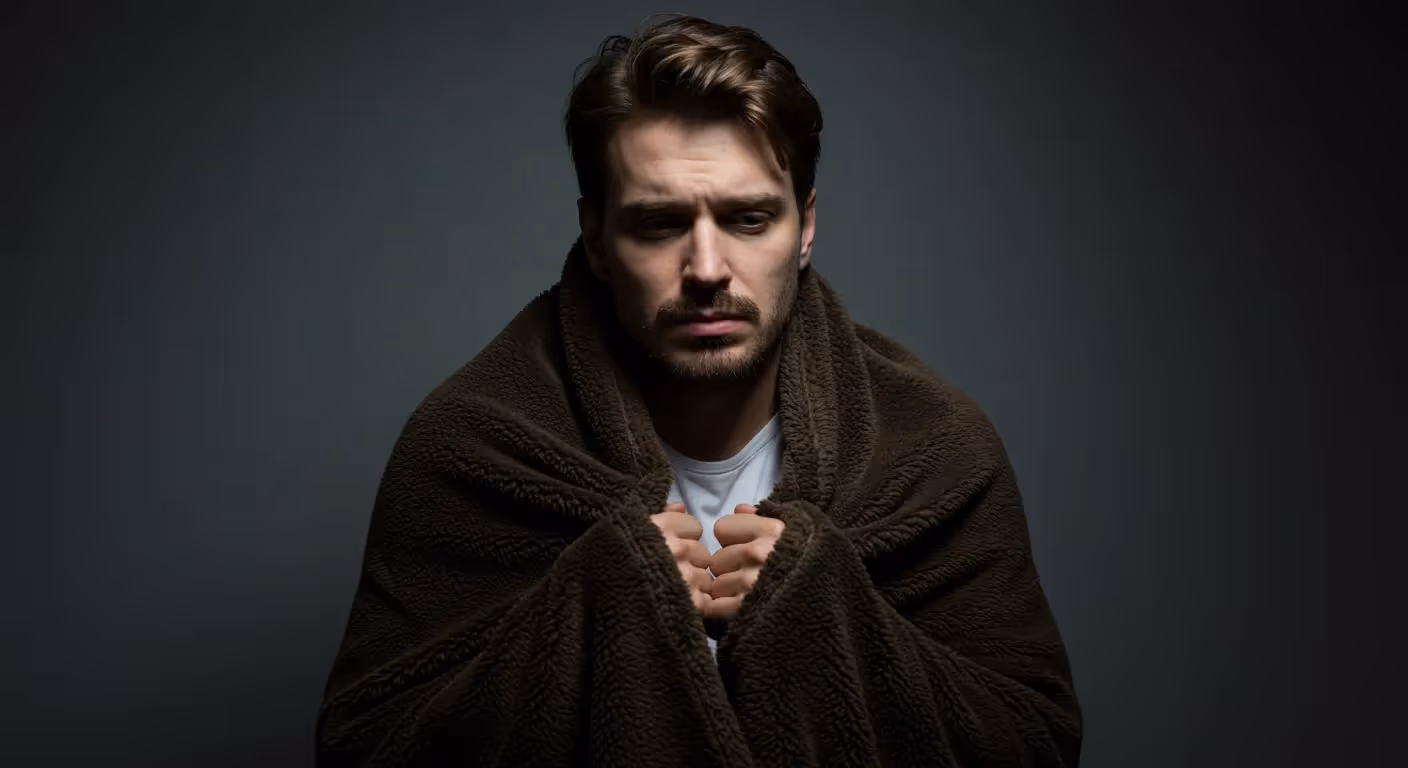 Person in brown fuzzy coat looking down with intense, troubled expression