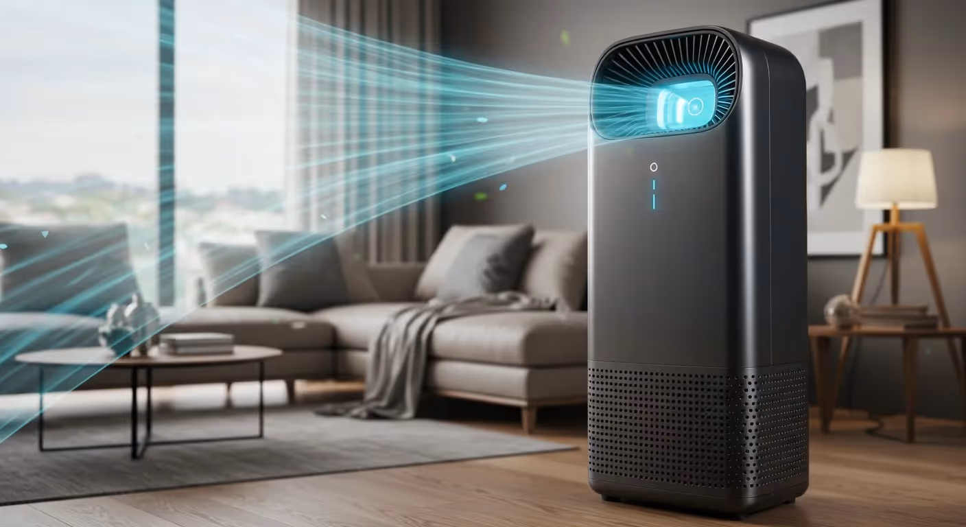 Modern air purifier with blue light in minimalist living room