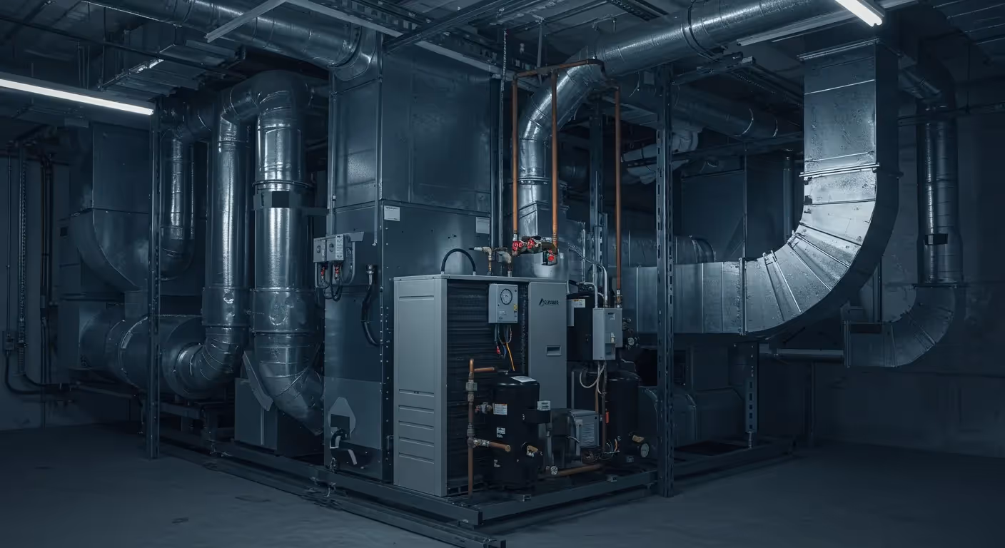 Industrial HVAC system with metal ductwork in a dark mechanical room