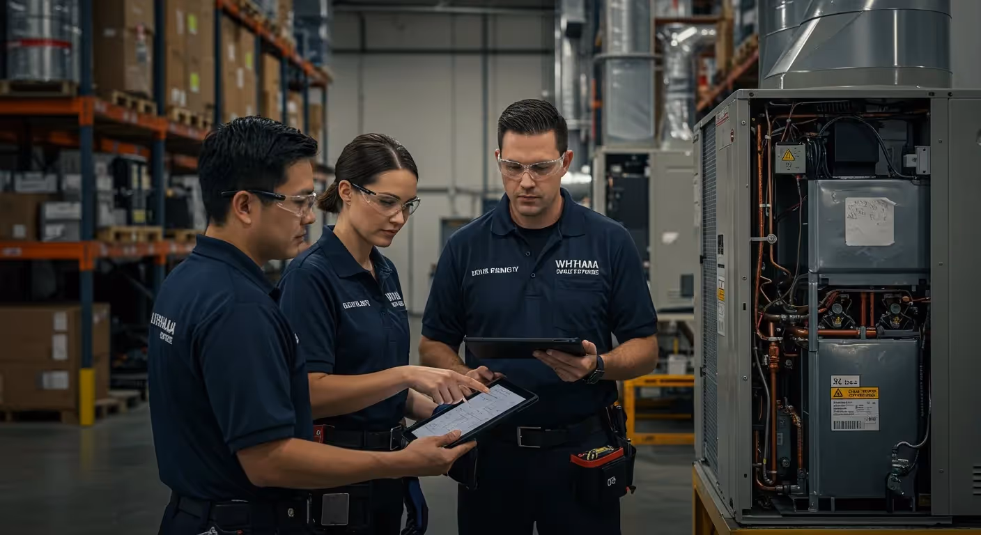 Technicians in navy uniforms inspecting industrial equipment in warehouse