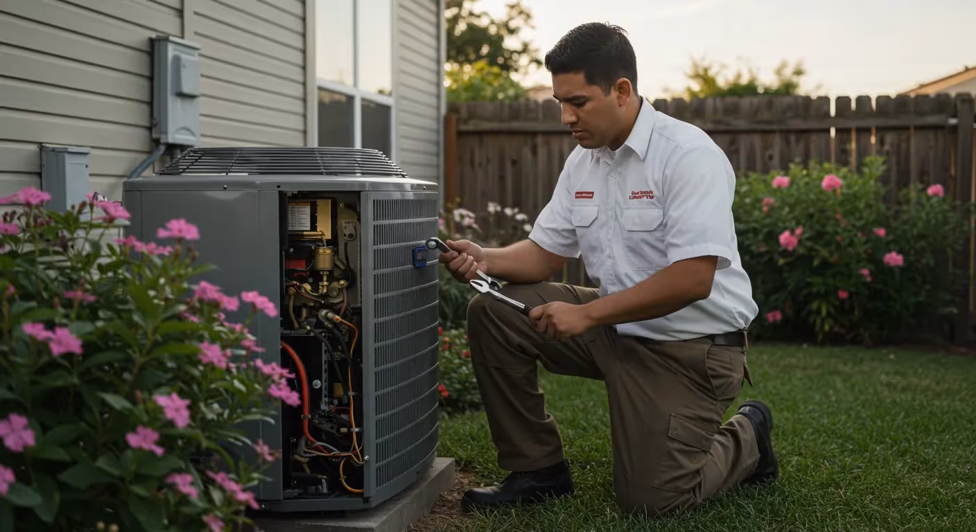 Technician repairing air conditioning unit in backyard with pink flowers