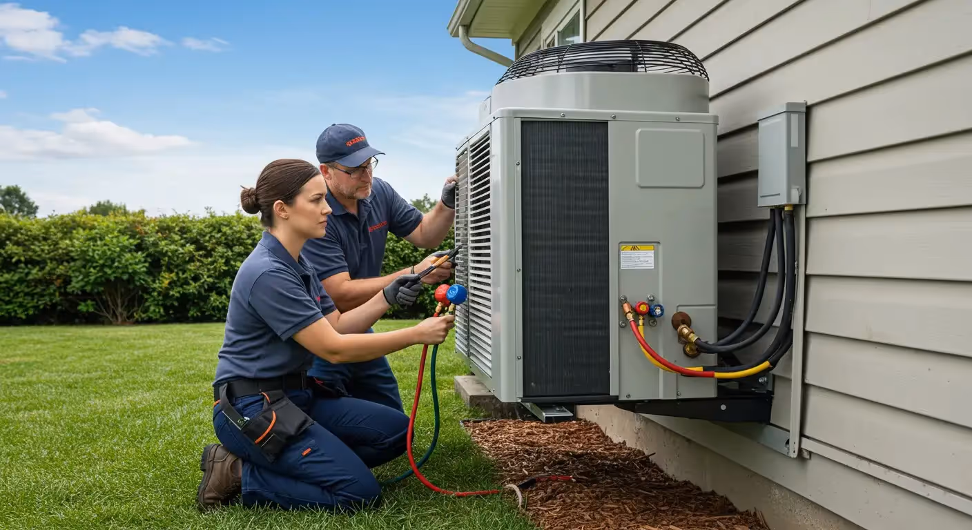 Technicians performing maintenance on an outdoor air conditioning unit