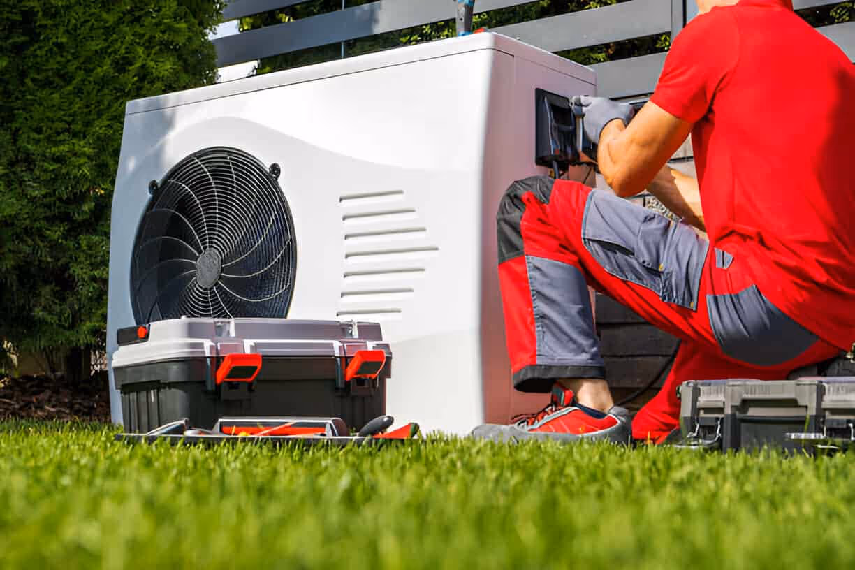 Technician in red installing or repairing an outdoor heat pump unit
