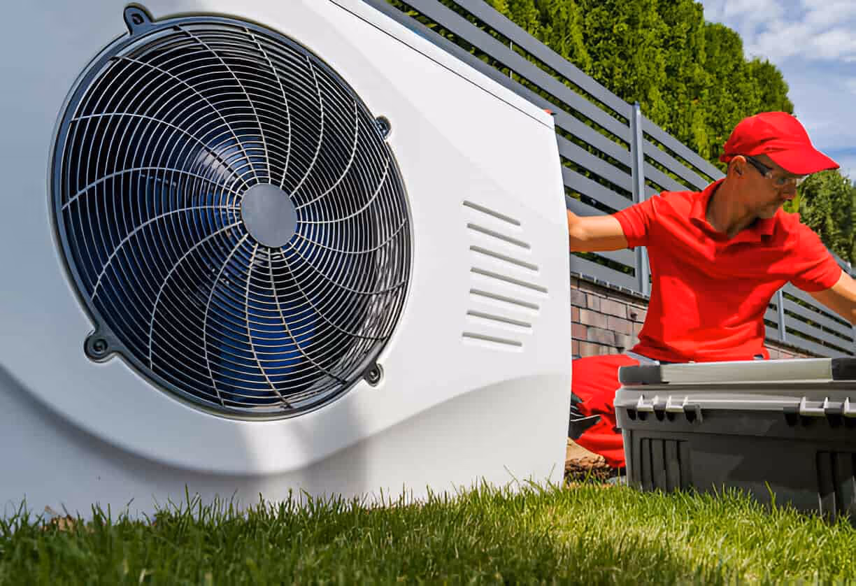 HVAC technician installing outdoor air conditioning unit near green fence