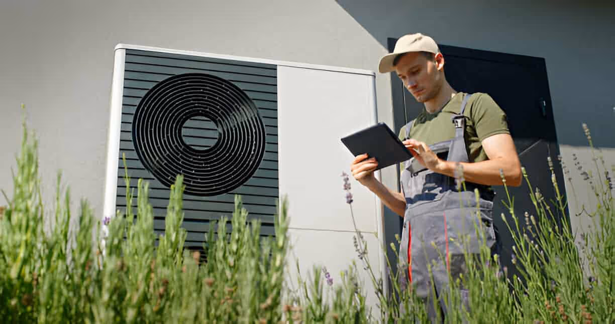 Technician checking heat pump unit near lavender plants on sunny day