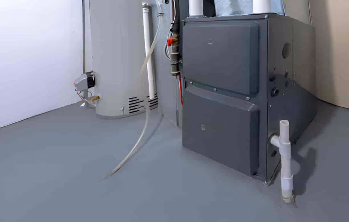 Water heater and electrical box with white pipes in utility room