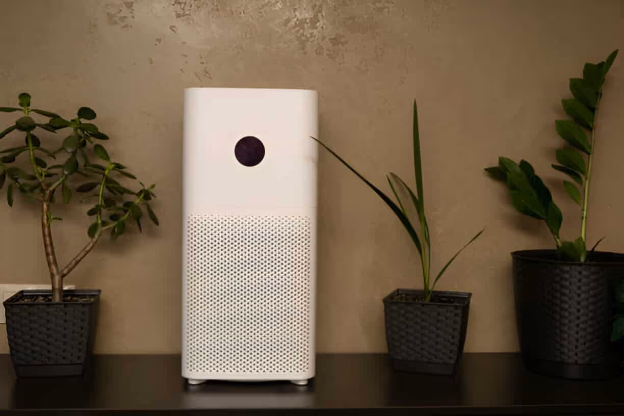White air purifier with black dot, surrounded by potted plants on shelf