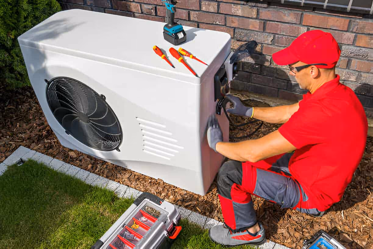 Technician in red installing or repairing an outdoor heat pump unit