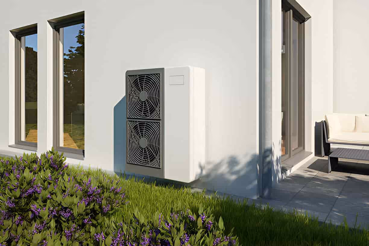 Modern heat pump unit mounted on white wall near windows and lavender plants