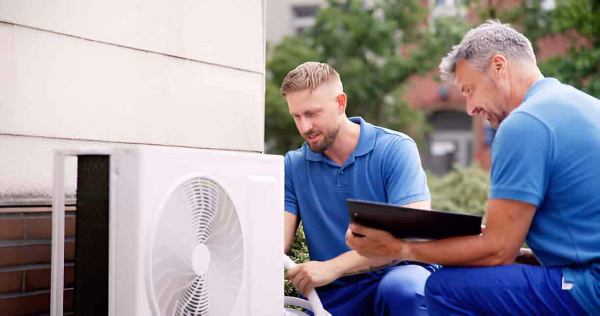 Two technicians in blue inspect an outdoor air conditioning unit