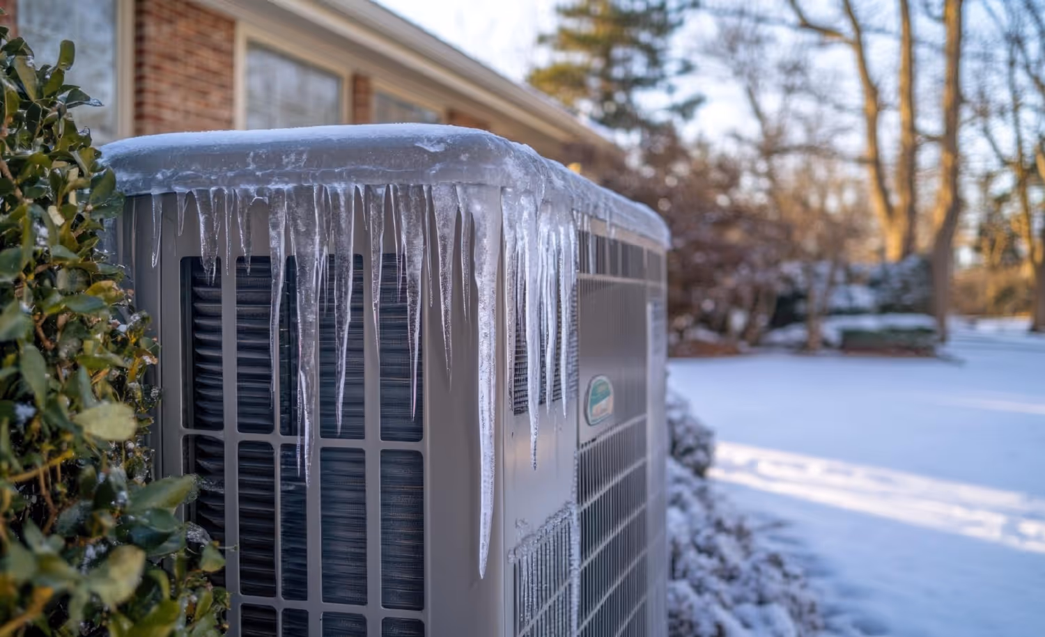 Frozen air conditioner unit with large icicles hanging in snowy winter landscape