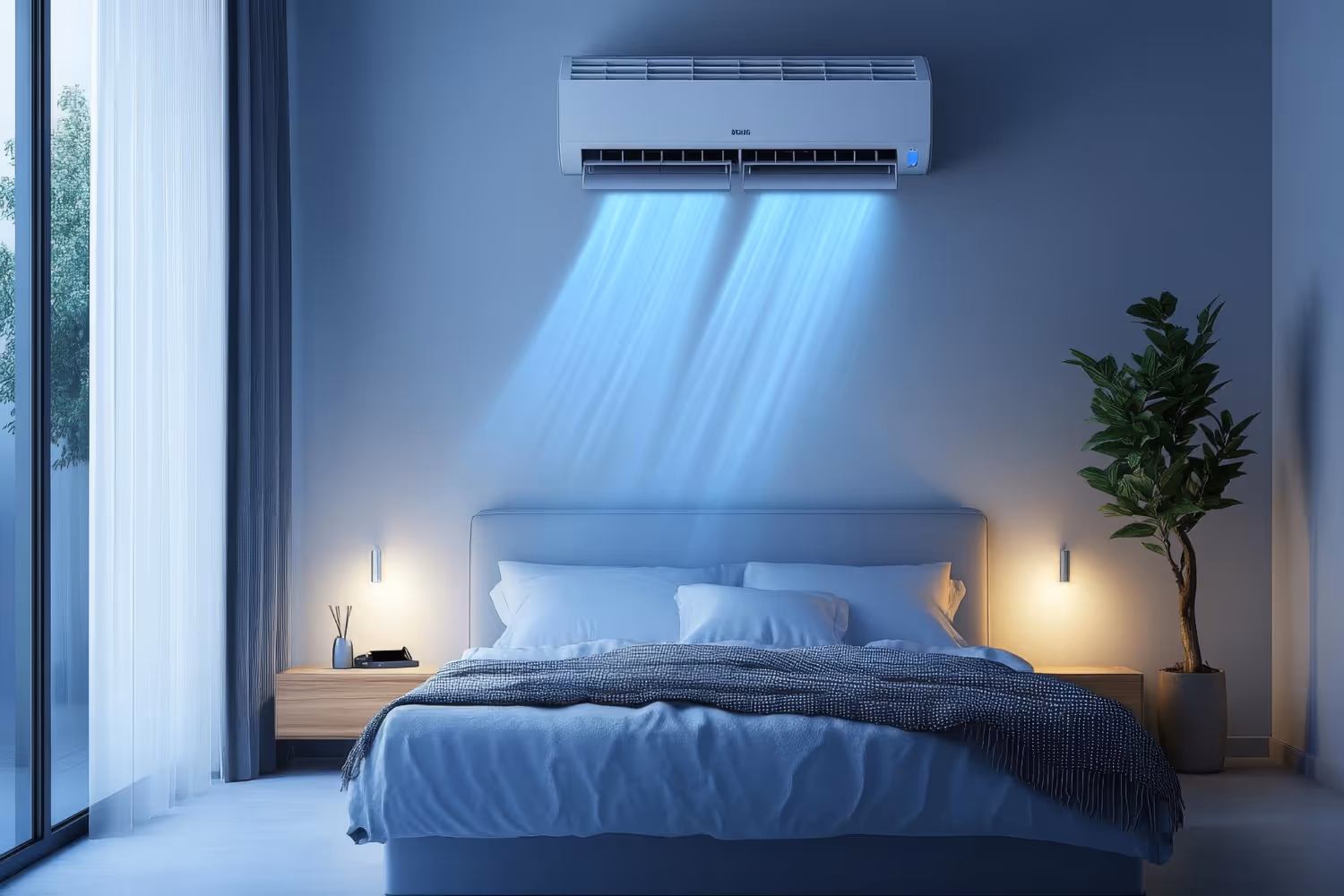 Air conditioner blowing cool blue air in a modern minimalist bedroom