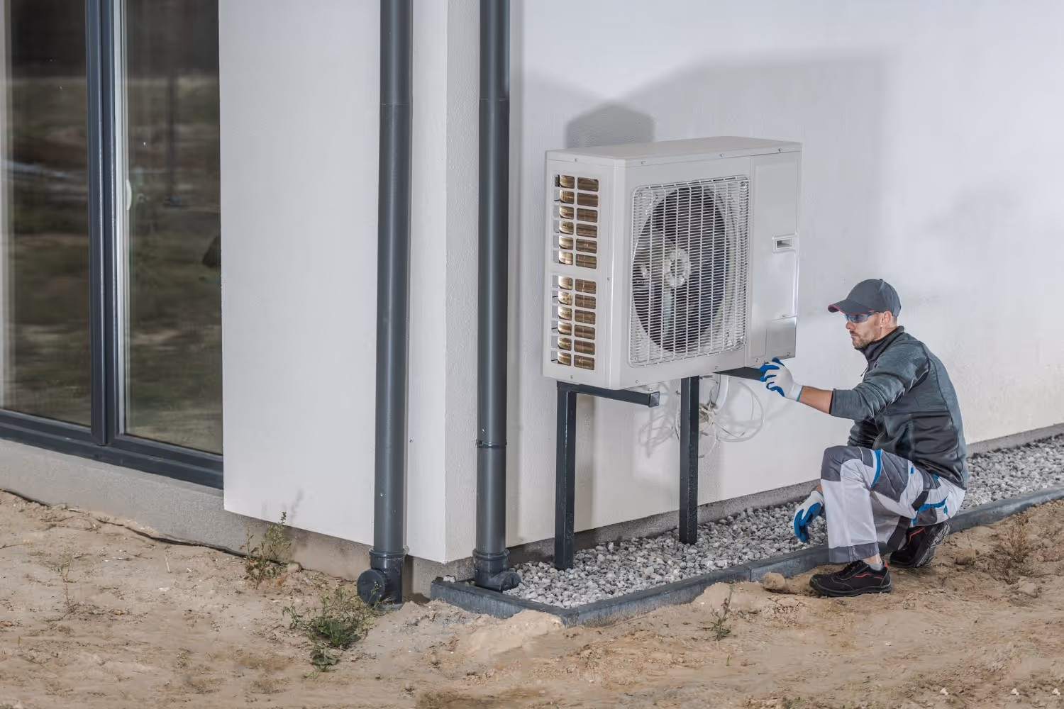 Technician installing or repairing an outdoor air conditioning unit