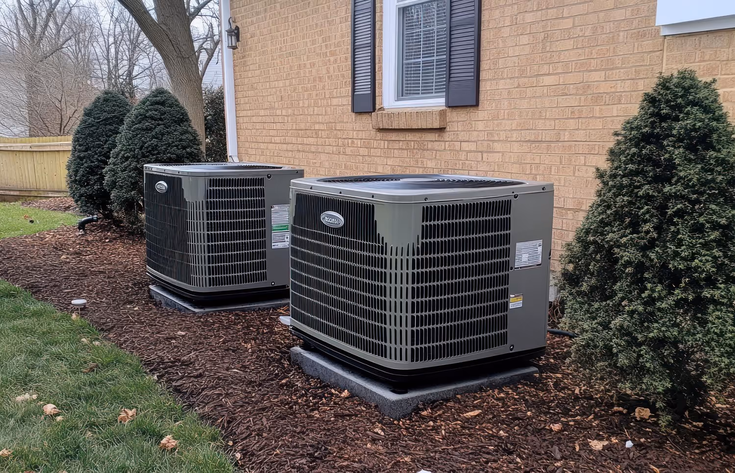 Two air conditioning units sit outside a brick house near evergreen shrubs