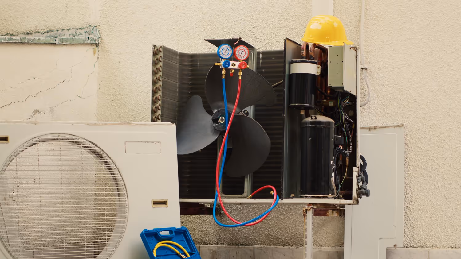 Air conditioning unit with pressure gauges and yellow hard hat