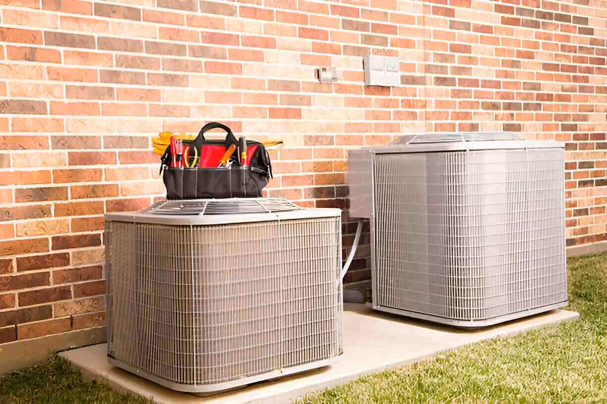 HVAC units with tool bag on brick wall background