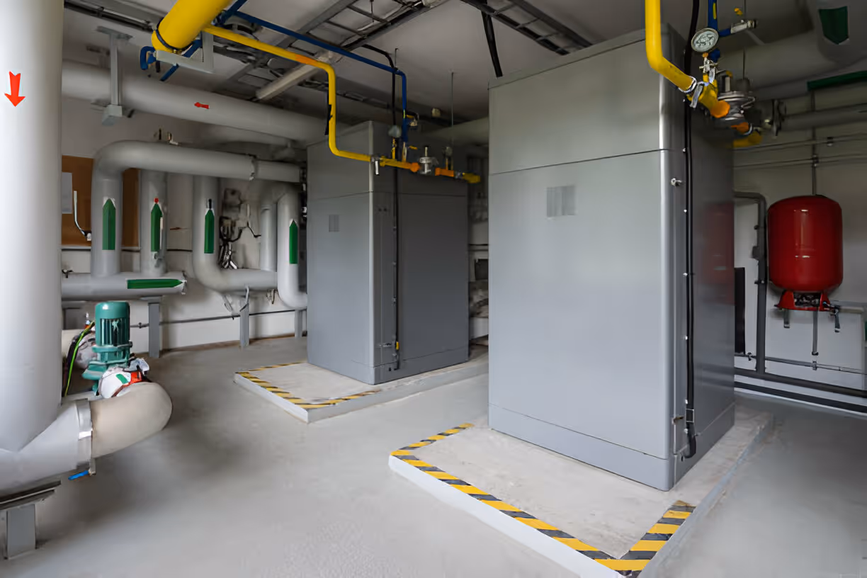Industrial mechanical room with pipes, valves, and yellow safety markings