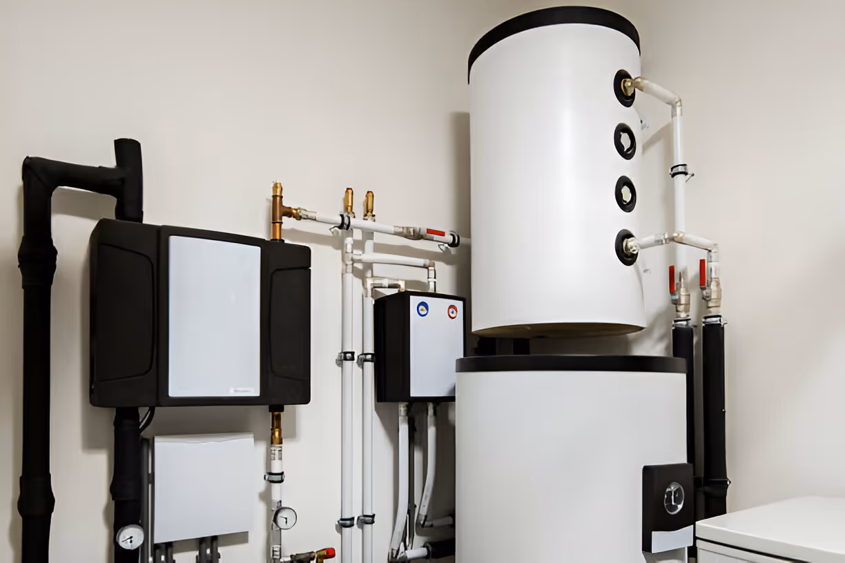 Residential heating system with water tank and control panels