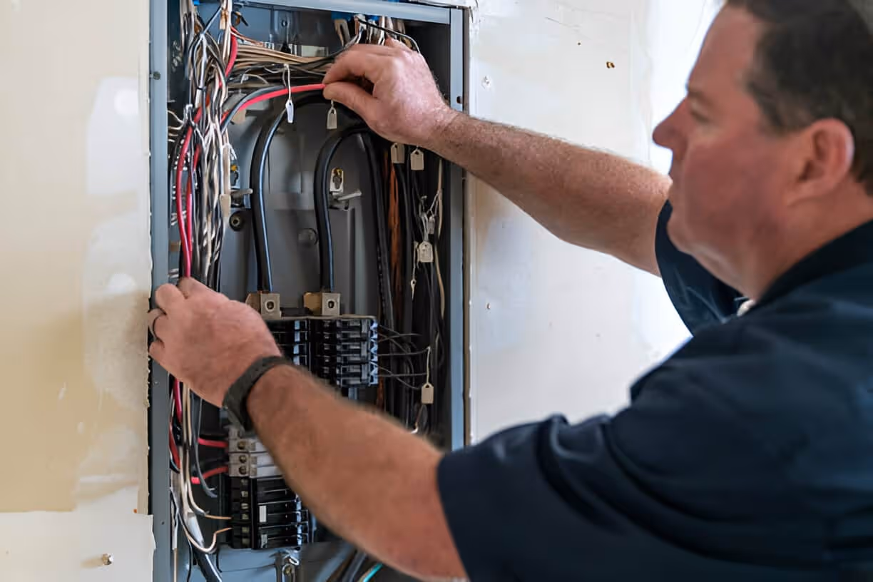 Electrician working on electrical panel with exposed wires and circuit breakers