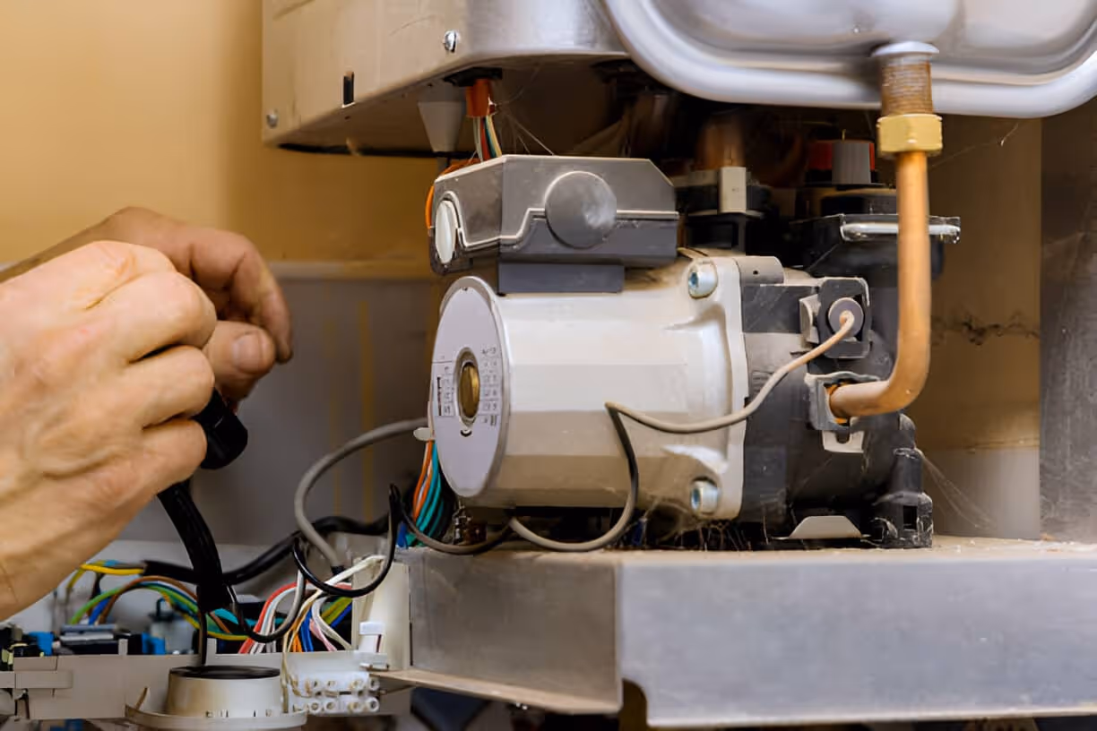 Technician repairing electrical components of a mechanical device