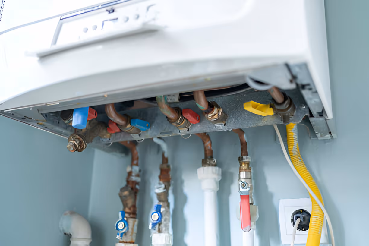 Boiler pipes and valves with colorful connectors, close-up view