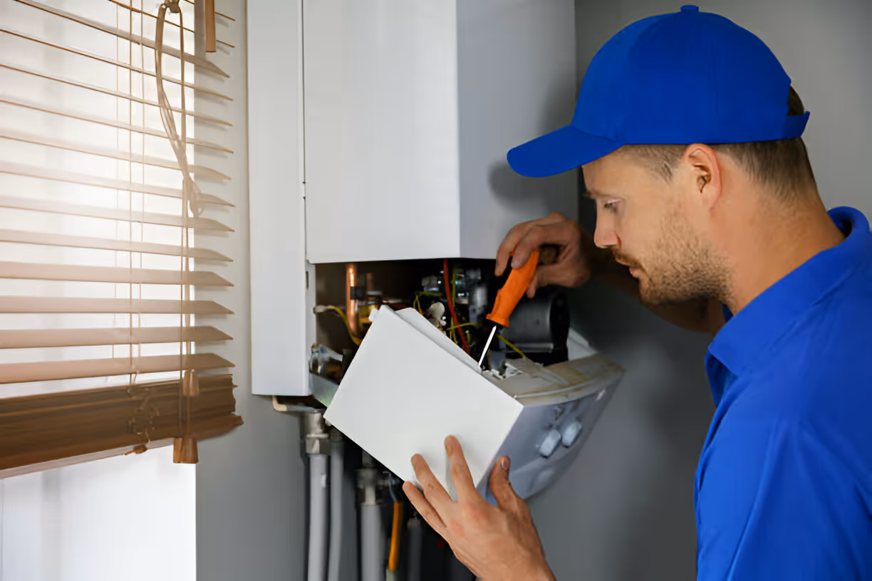 Technician in blue cap repairs electrical panel with screwdriver