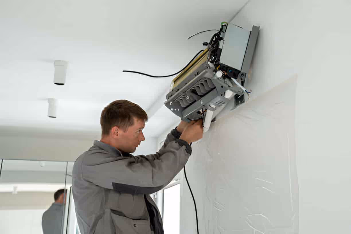 Technician installing security camera on white wall with wiring