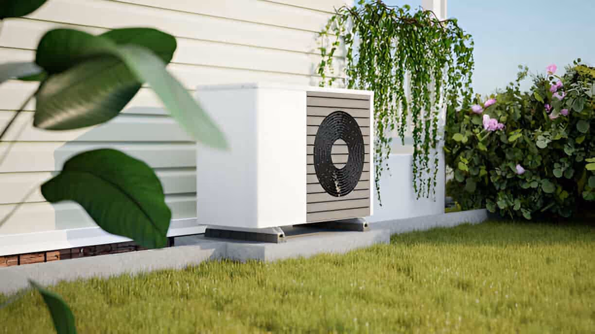 White heat pump installed outside house with green lawn and hanging plants