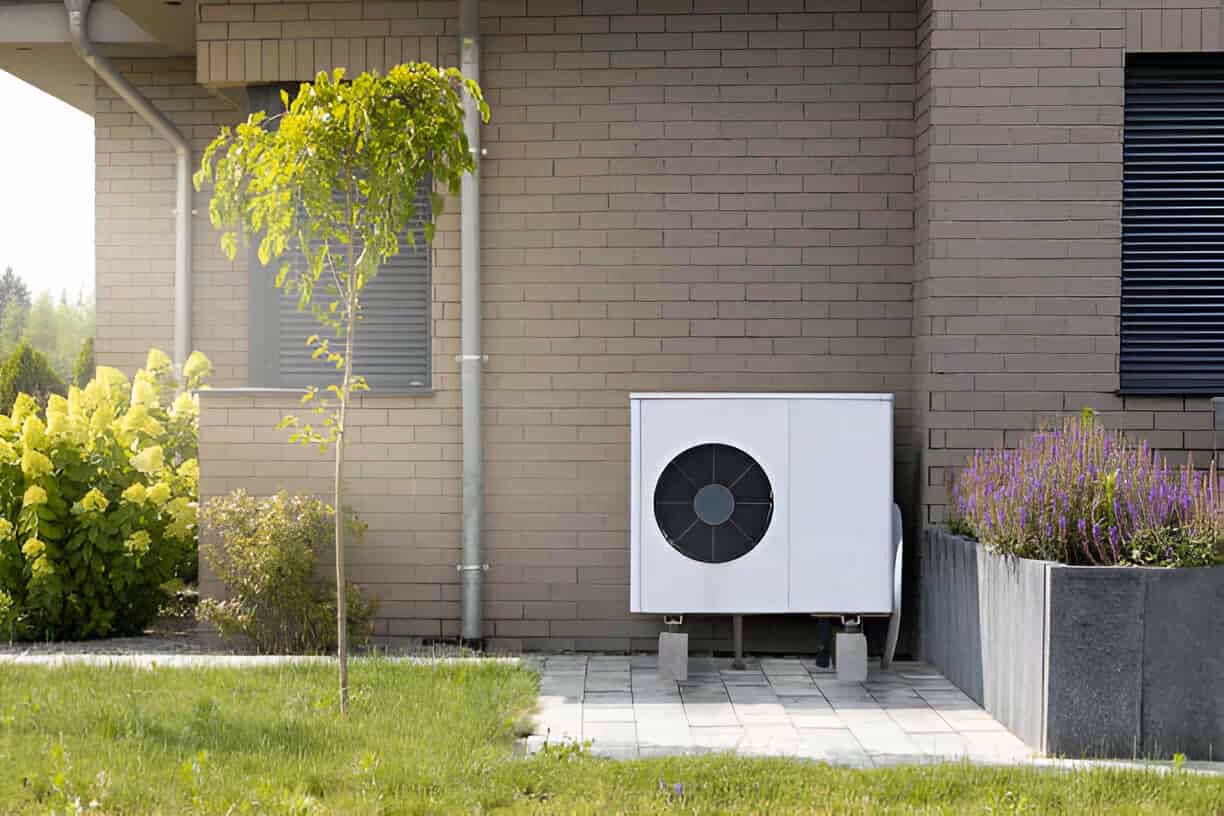 Modern heat pump installed beside brick house with lavender and green plants