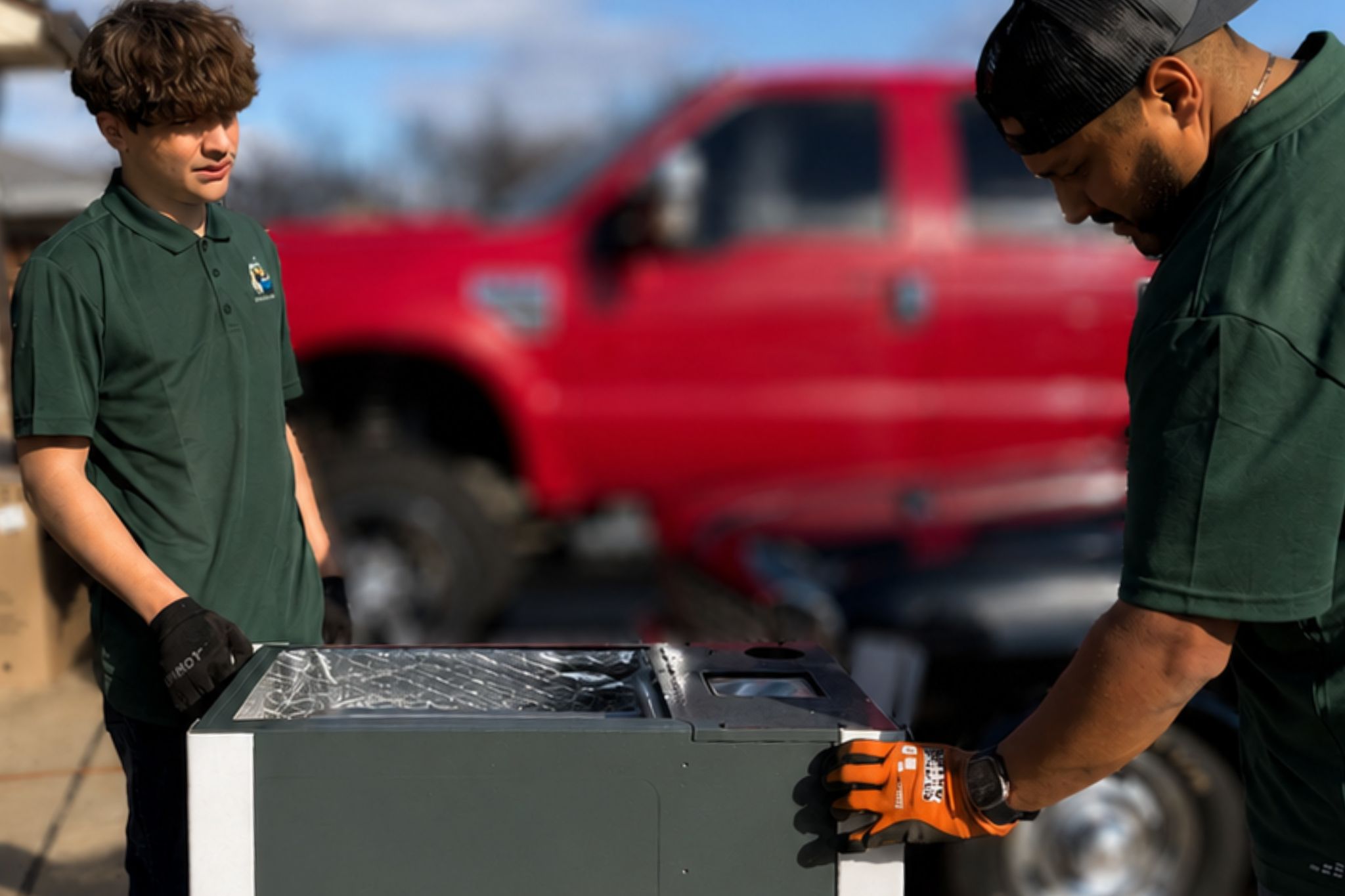 Direct Air technician inspecting a residential AC unit in Oklahoma City