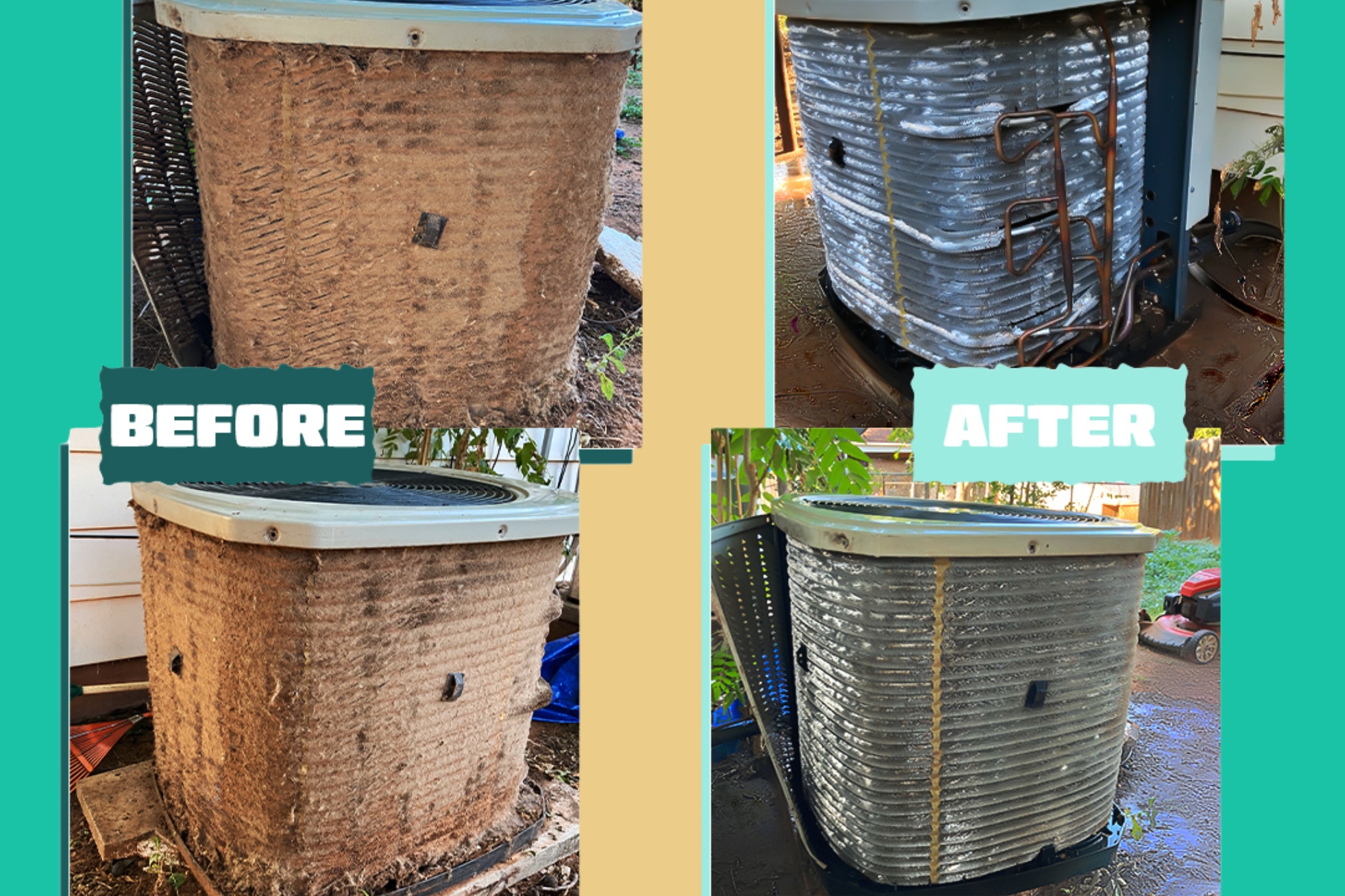 Before and after cleaning a cottonwood-and-dirt-caked AC condenser coil at an Oklahoma home, Direct Air.