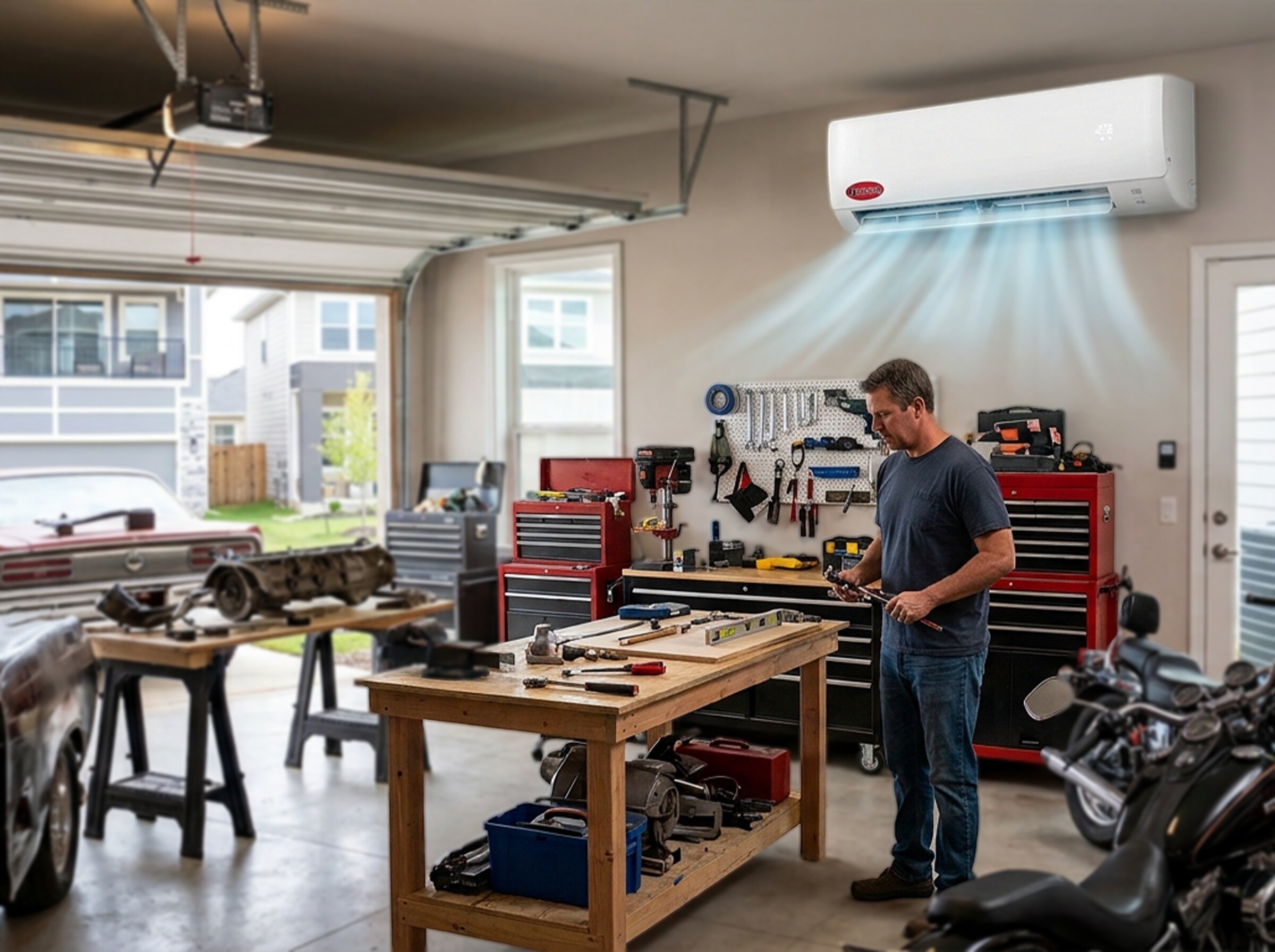 Ductless mini-split cooling a garage workshop in an Oklahoma City home, Direct Air