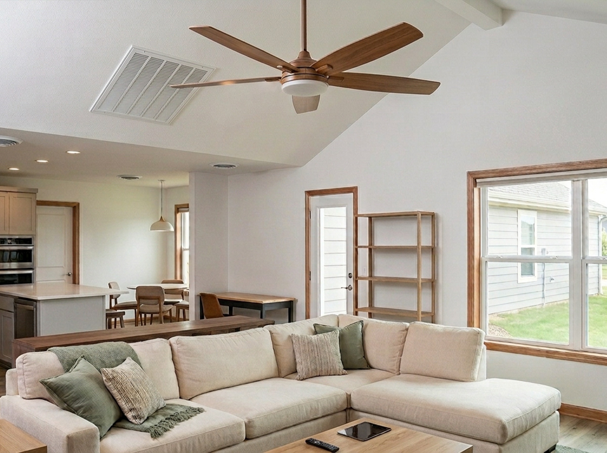 Ceiling fan running in an Oklahoma City living room to boost AC efficiency
