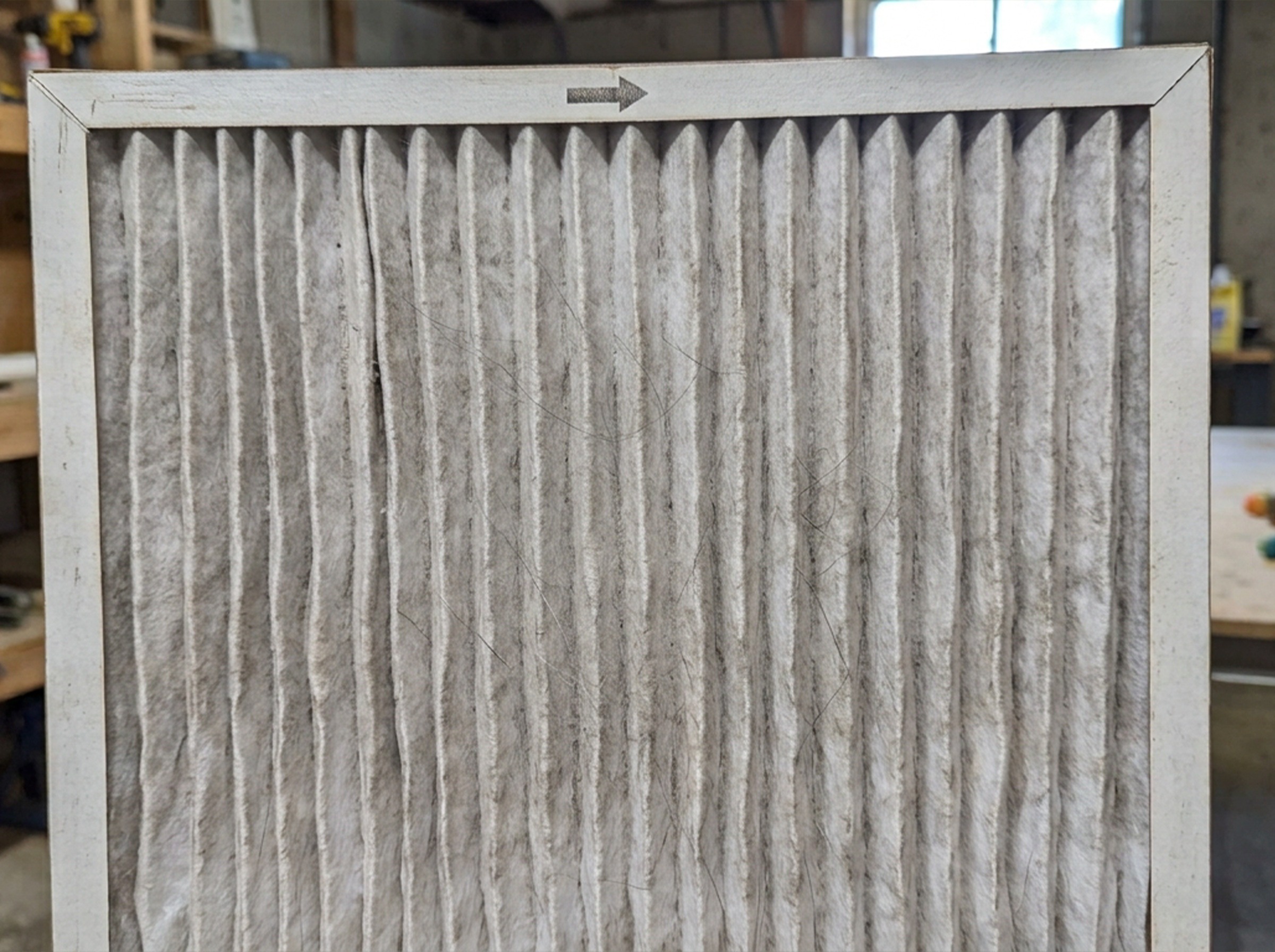 Air filter loaded with pet hair from an Oklahoma City home